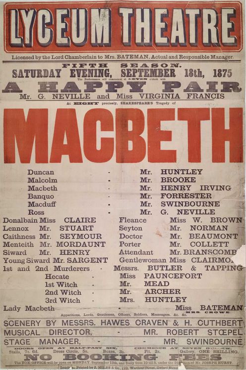 Playbill for a performance of Macbeth at the Lyceum Theatre in 1875 featuring Henry Irving in the role of Macbeth.